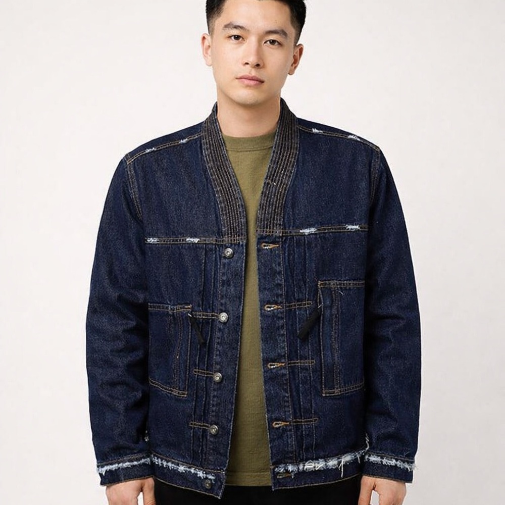 Candor Kimono Denim Jacket Blue Long Sleeve Casual Men Jean Button Down V-Neck 3